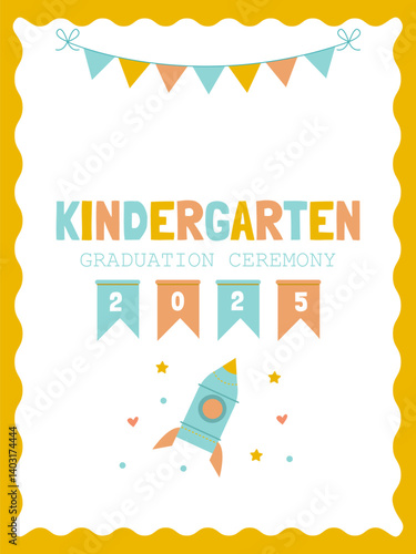 Bright vertical template for the occasion of kindergarten graduation with a cute rocket