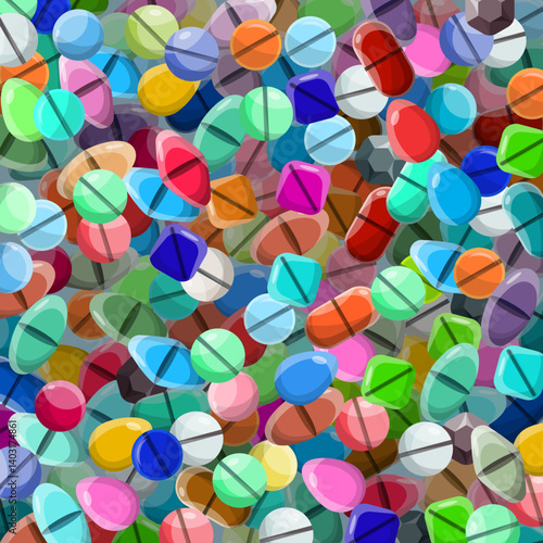 Vector background with various medical pills in flat style