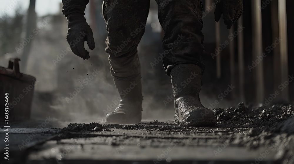 Concrete worker smoothing cement for foundation. Featuring technical skill and focus Concrete worker smoothing cement for foundation. Featuring technical skill and focus