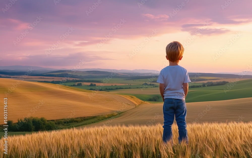 A Child Contemplating the Golden Sunset Over Rolling Hills A Child Contemplating the Golden Sunset Over Rolling Hills