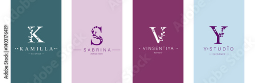 Logo K, S, capital letter V, Y. Monogram of Botanical Minimalistic, Initial. with Organic Plant Elements. Vector design. 