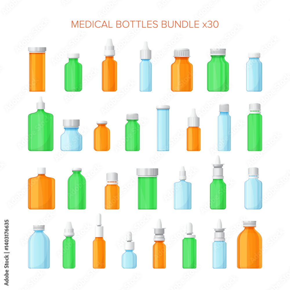 Set of different vector medical bottles in flat style