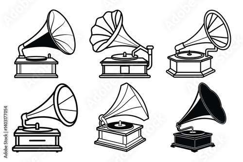 Set of vintage phonograph line art vector icon illustration on white background.