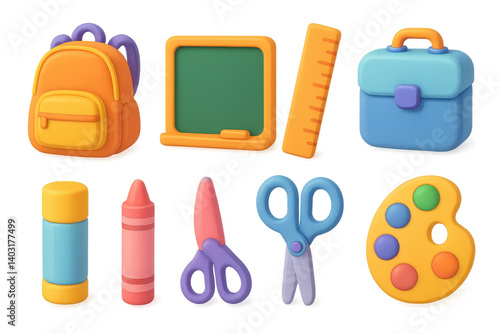 3d school supplies icons set: backpack, blackboard, ruler, crayon, scissors, and more