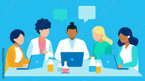 Research Team Collaboration A diverse team of scientists gathered around a table discussing their findings and brainstorming ideas with papers and laptops tered around.