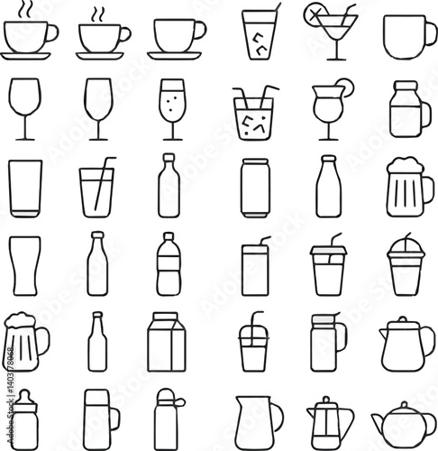 Create a Set of 45 outline icons related to drink and beverages. Linear icon collection. Editable stroke. Vector illustration.