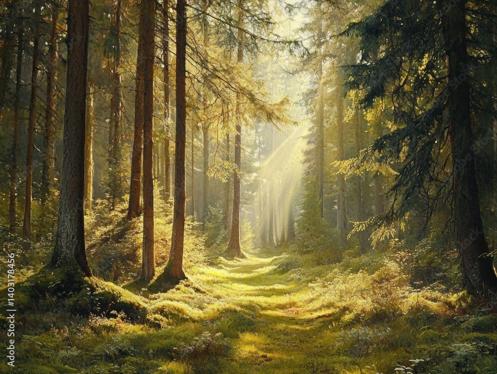 Fototapeta premium Sunlight streams through a misty coniferous forest.