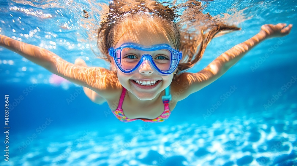 Fototapeta premium Underwater swimming girl child happy summer vacation pool goggles water fun active lifestyle recreation 
