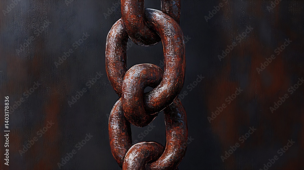 Close Up View of Heavy Duty Rusty Chain Links Displaying Intricate Details Against a Dark Backdrop : Generative AI