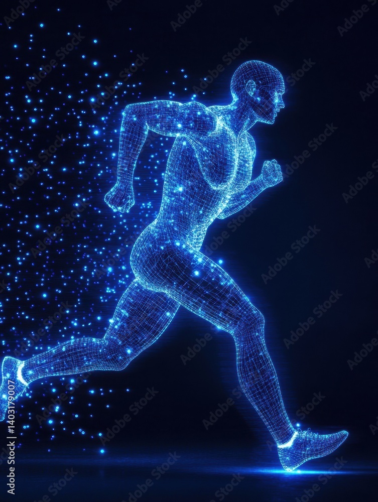 Fototapeta premium Runner in motion with glowing digital wireframe muscles captured during dynamic freeze in dark environment