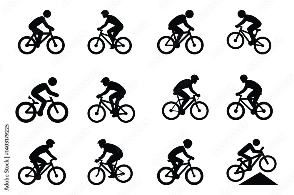 Fototapeta premium Set of bicycle rider silhouette vector icon illustration on white background.
