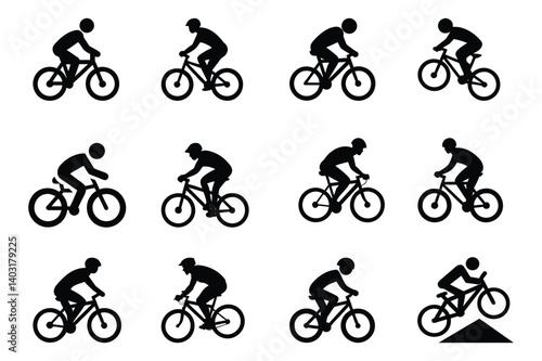 Set of bicycle rider silhouette vector icon illustration on white background.