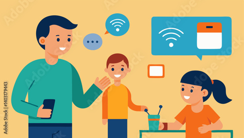 Parental Control A parent with a hearing impairment communicating with children across the room using a smart device to announce chores and reminders through voice activation.