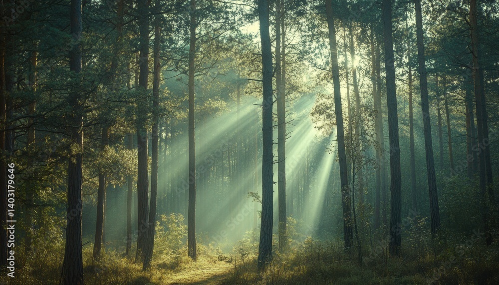 Obraz premium Sunlight streams through a misty forest.