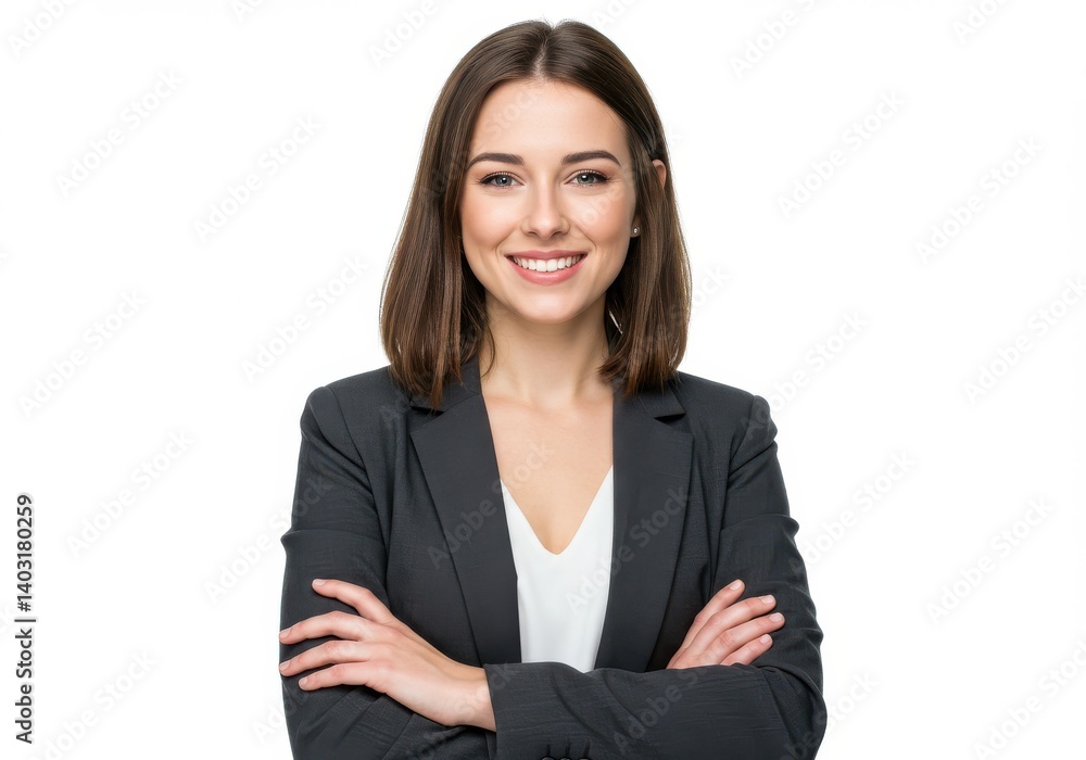 Portrait of a smiling woman with arms crossed wearing a blazer against a white background studio shot Portrait of a smiling woman with arms crossed wearing a blazer against a white background studio shot