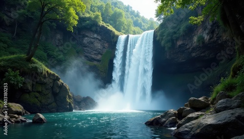 Anna's powerful waterfall plunge, rocky basin, intense, splashing, whitewater