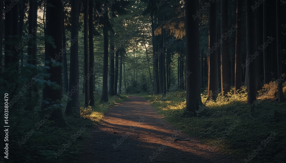 Obraz premium Sunlit path meandering through a dense forest.