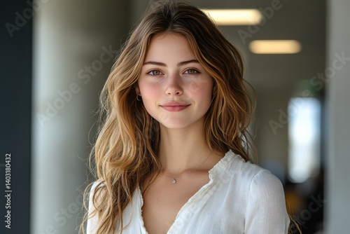 Free Download Young woman poses, with long wavy hair, a white top and a sweet smile - GFXLoad
