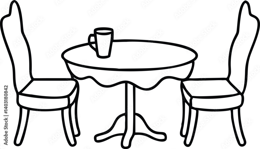 Simple line drawing of a table with two chairs, perfect for minimalist designs, dining room themes, and interior decoration illustrations Simple line drawing of a table with two chairs, perfect for minimalist designs, dining room themes, and interior decoration illustrations