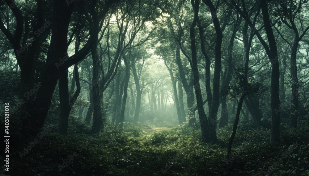Fototapeta premium Misty, ancient forest path shrouded in twilight.