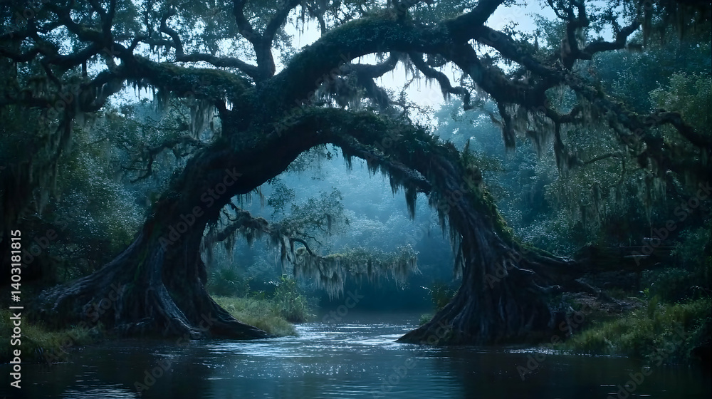 Fototapeta premium A mystical, ancient forest draped in mist, with a serene river and towering trees.