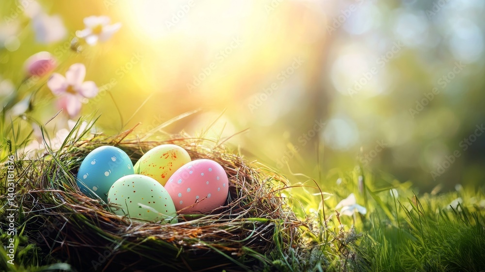 Joyful easter nest filled with colorful eggs in lush grass on a bright spring day Joyful easter nest filled with colorful eggs in lush grass on a bright spring day