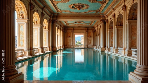Serene Ancient Pool Interior in Historical Roman Style Featuring Elegant Columns and Ornate Ceiling with Vibrant Colors and Reflective Water Surface