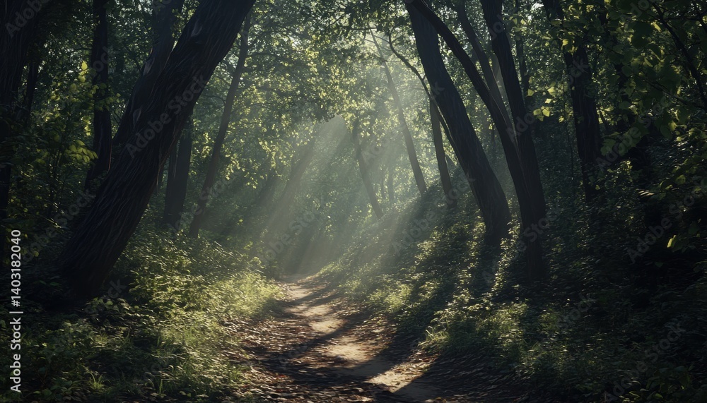 Obraz premium Sunlight streams through a dense, misty forest path.