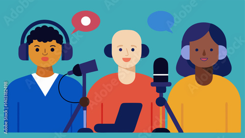 Podcasts on Disability A group of podcast hosts including diverselyabled individuals recording a lively discussion about disability representation in film and TV with microphones