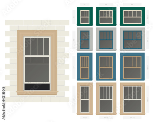 Vector single hung four vertical section typical window set in different sizes and colors