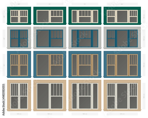 Vector single hung four vertical section composite window set in different sizes and colors