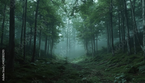 Misty forest path shrouded in deep green.