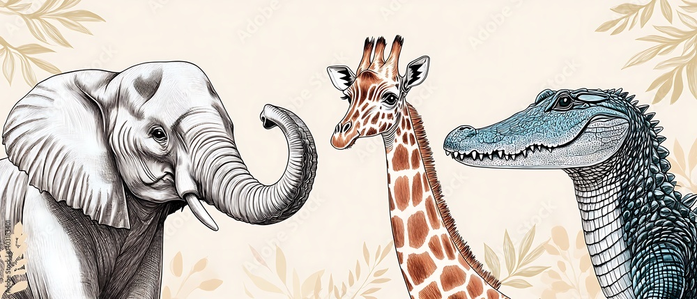 Fototapeta premium African Wildlife Trio Elephant, Giraffe, Crocodile (10)