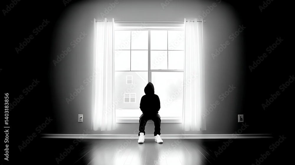 Fototapeta premium person wearing a hoodie and white sneakers, sitting alone in front of a large window with white curtains in a dimly lit room, evoking a mood of solitude and quiet introspection.