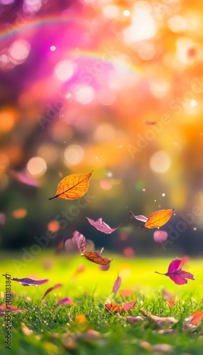 Wallpaper Mural Vibrant autumn scene  colorful leaves on grass with a rainbow and sunlit blurred background Torontodigital.ca