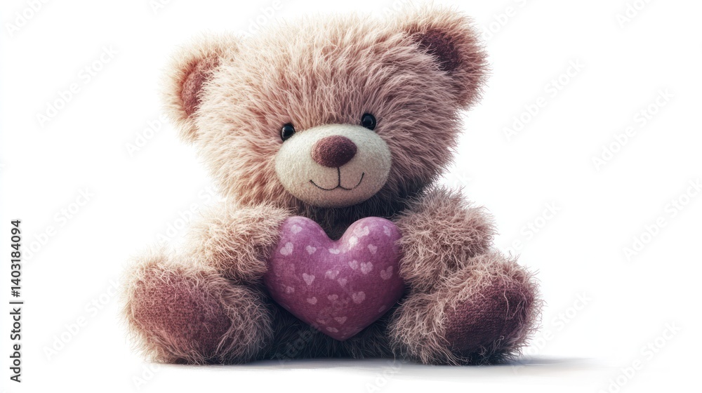 Obraz premium Teddy bear holding heart, Valentine's Day, studio, white background, greeting card