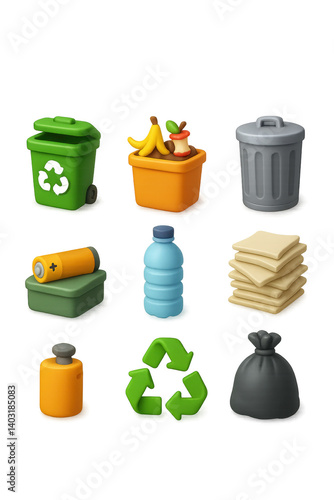 Vibrant 3d icons set for recycling and waste management: diverse and engaging
