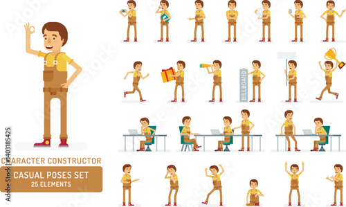 Vector young adult man in worker overalls ready-to-use character casual poses set in flat style. Full length, gestures, emotions, front, side, back view.