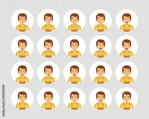 Vector young adult man avatars and emoticons set in flat style, front view.