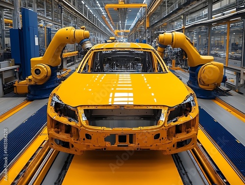 Yellow car body undergoing robotic assembly in factory.