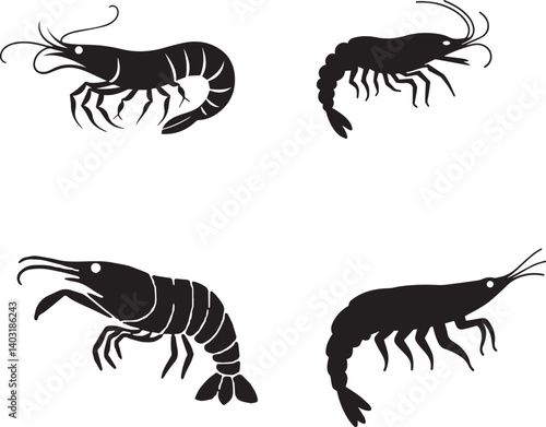 Shrimp and Prawn Silhouette Set of Four Icons