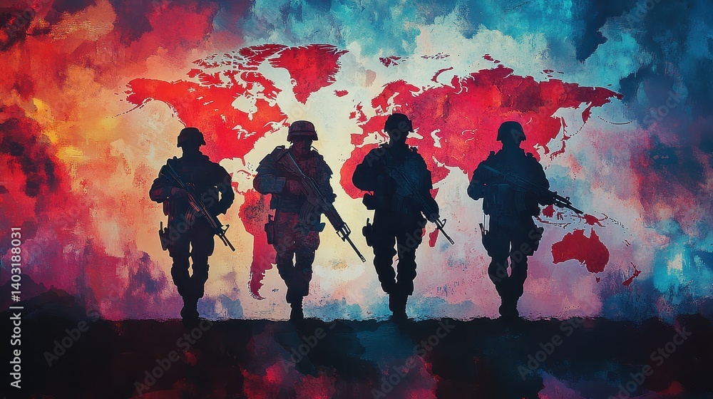 soldiers in silhouette, each holding a rifle in their right hand, walking towards the camera on top of an abstract world map in a watercolor style. soldiers in silhouette, each holding a rifle in their right hand, walking towards the camera on top of an abstract world map in a watercolor style.