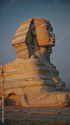 Close-up view of a weathered stone sphinx statue with human head and animal body against a serene sky, symbolizing ancient architecture
