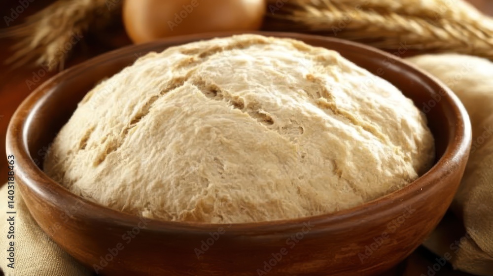 Rustic Wooden Bowl, Unbaked Bread Dough, Wheat Background, Kitchen Setting, Food Photography Rustic Wooden Bowl, Unbaked Bread Dough, Wheat Background, Kitchen Setting, Food Photography