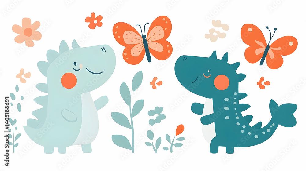 Naklejka premium Two adorable dinosaurs and butterflies in a floral garden.