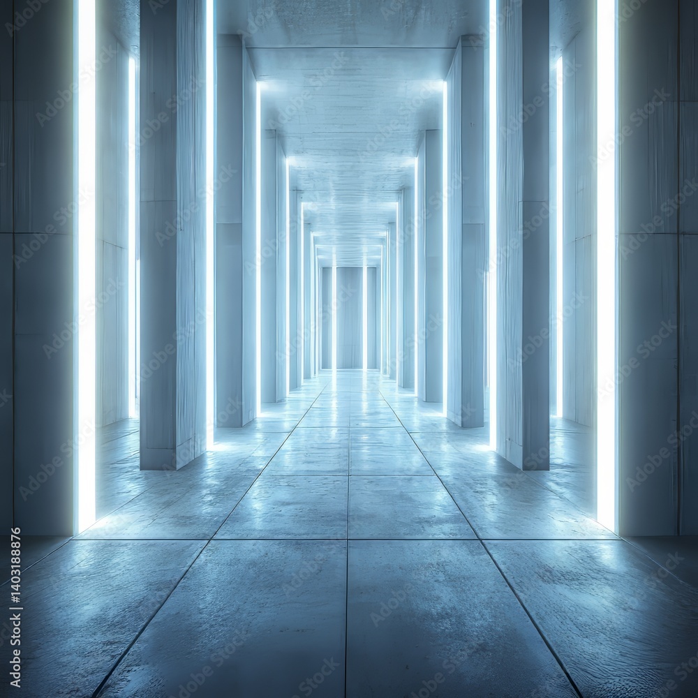 Naklejka premium A sparsely decorated room featuring soft illumination and elevated concrete walls, evoking a tranquil and meditative mood