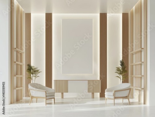 Minimalist, light-filled, modern waiting area.  Wooden accents complement a clean white interior