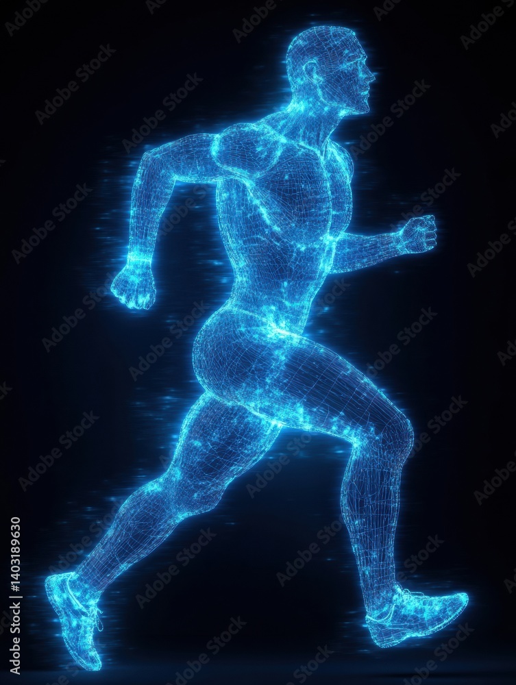 Fototapeta premium Dynamic runner silhouette showcasing muscular structure in glowing digital wireframe mesh frozen in motion