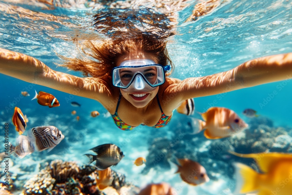 Naklejka premium Many tropical fish swim next to her. Bright commercial style image. A attractive and sexy happy caucasian young woman with medium hair in a swimming mask and fins snorkeling among the corals.