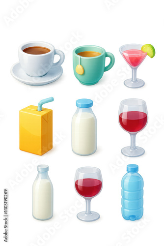 Wallpaper Mural Colorful 3d beverage icons set: tea, coffee, milk, wine, juice, bottled water Torontodigital.ca